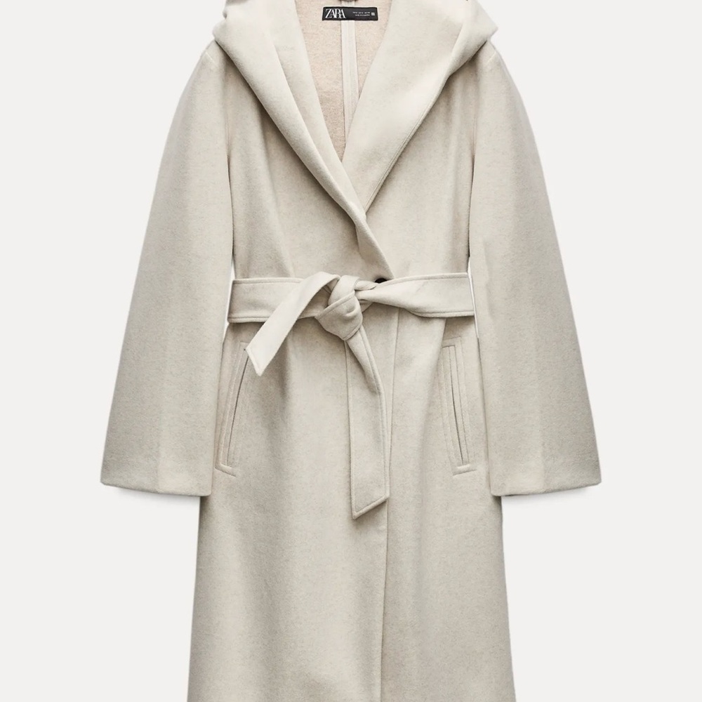 Zara Off-White Hooded Wrap Coat